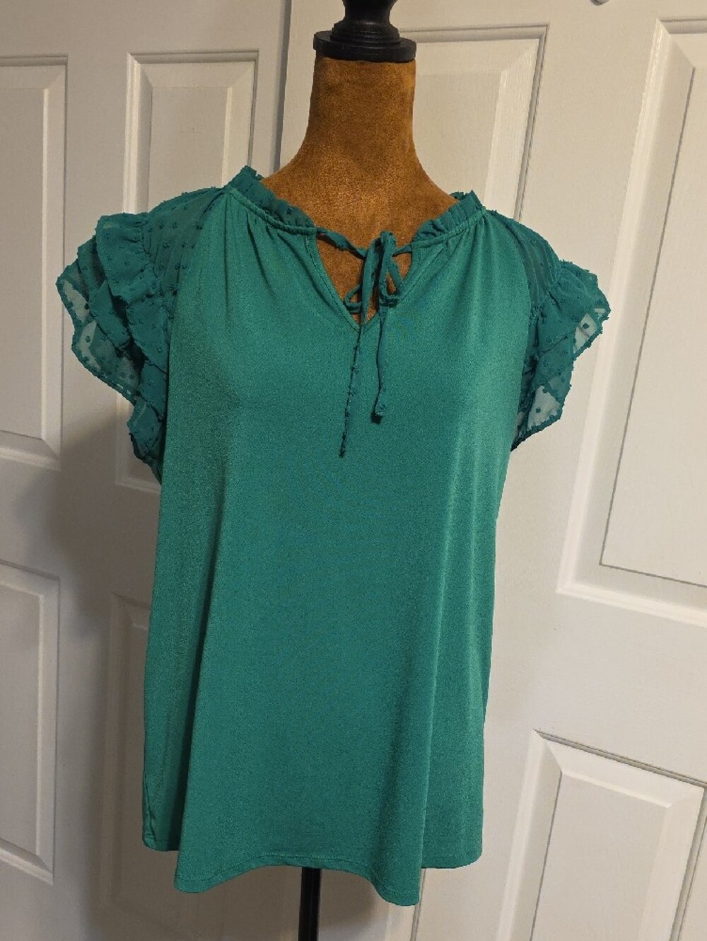 Adrianna Papell Green Ruffle Sleeve Tie-Neck Blouse - Picture 5 of 7